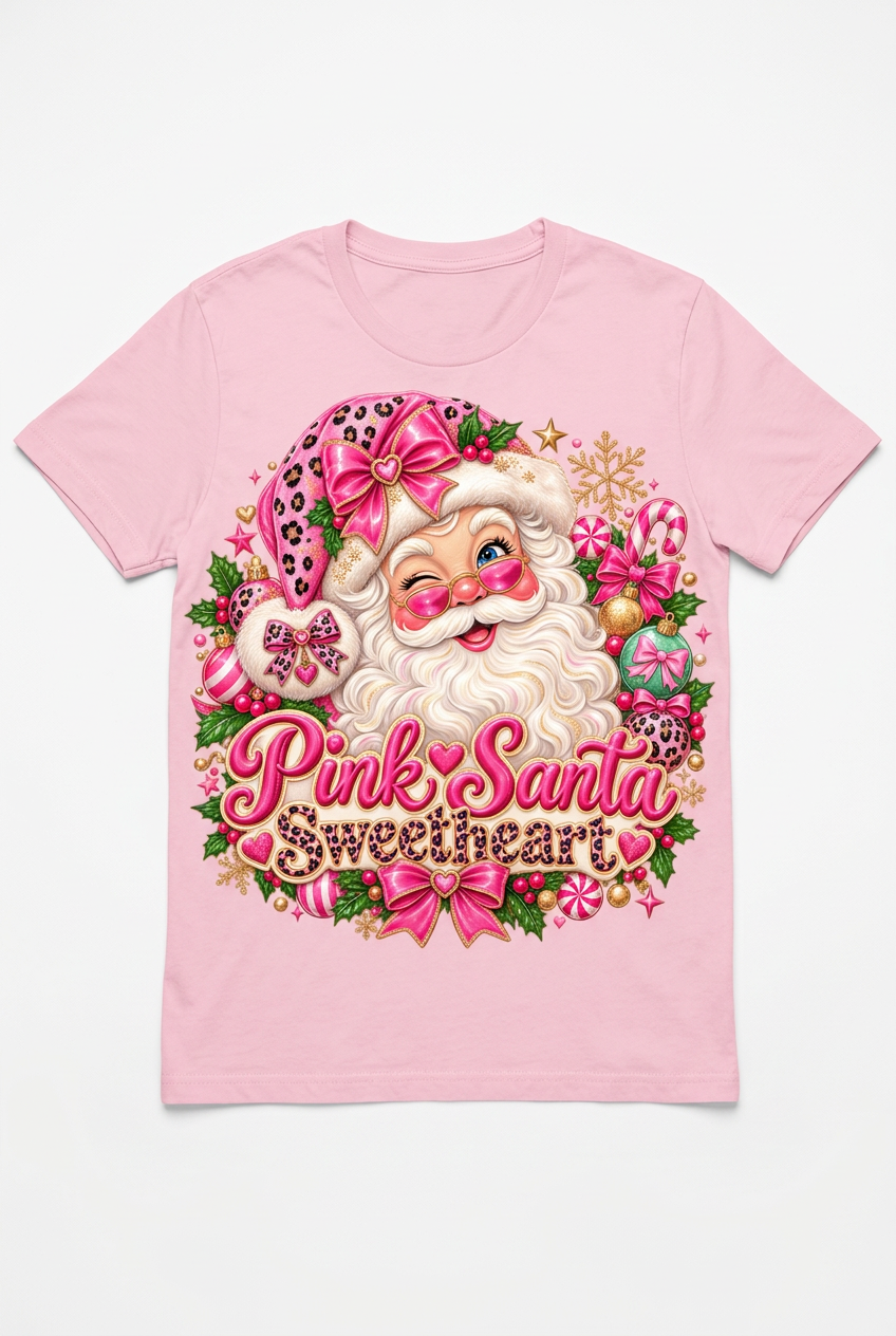 Pink Santa Sweetheart Tee - flat lay on pink shirt