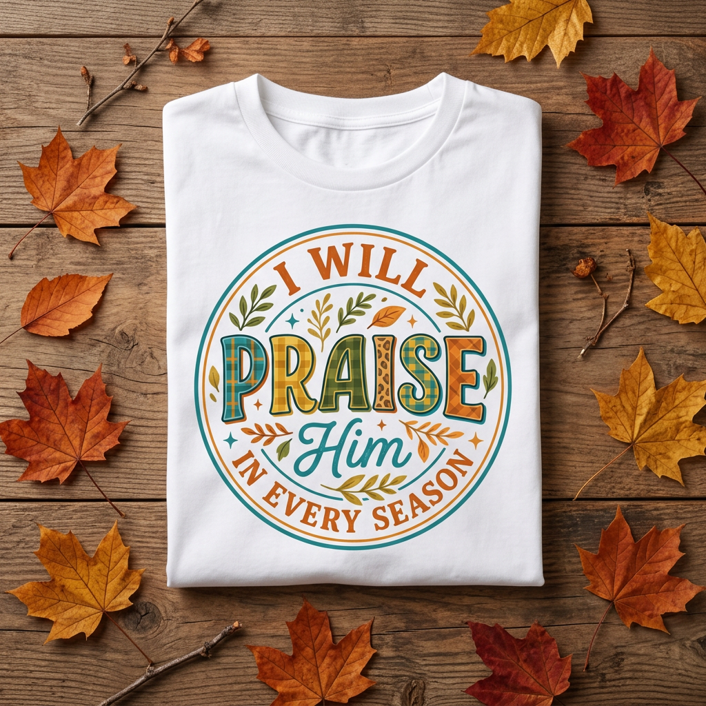 I Will Praise Him In Every Season Tee folded flat lay on rustic wood surface