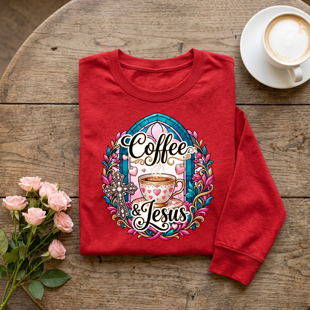 Coffee and Jesus tee flat lay with coffee cup and pink flowers