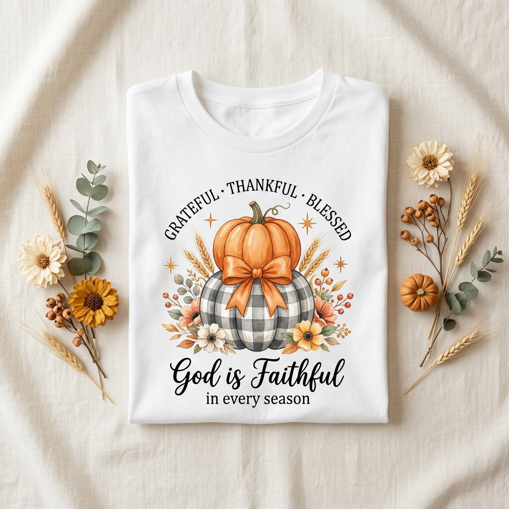 Grateful Thankful Blessed Tee folded flat lay on soft cream linen surface