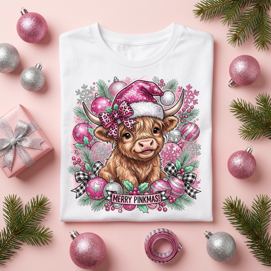 Glam Pink Highland Cow Christmas Tee | Holiday Shirt – Soft Print Tees