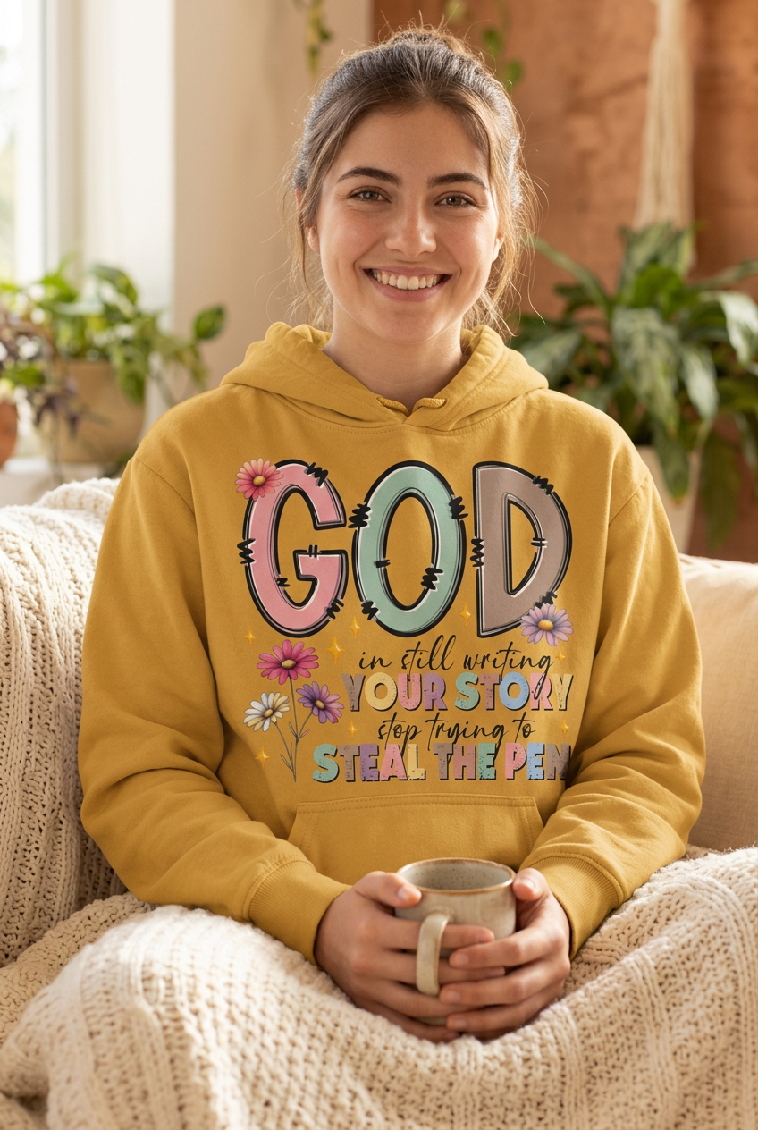 God is Still Writing Your Story yellow hoodie mockup