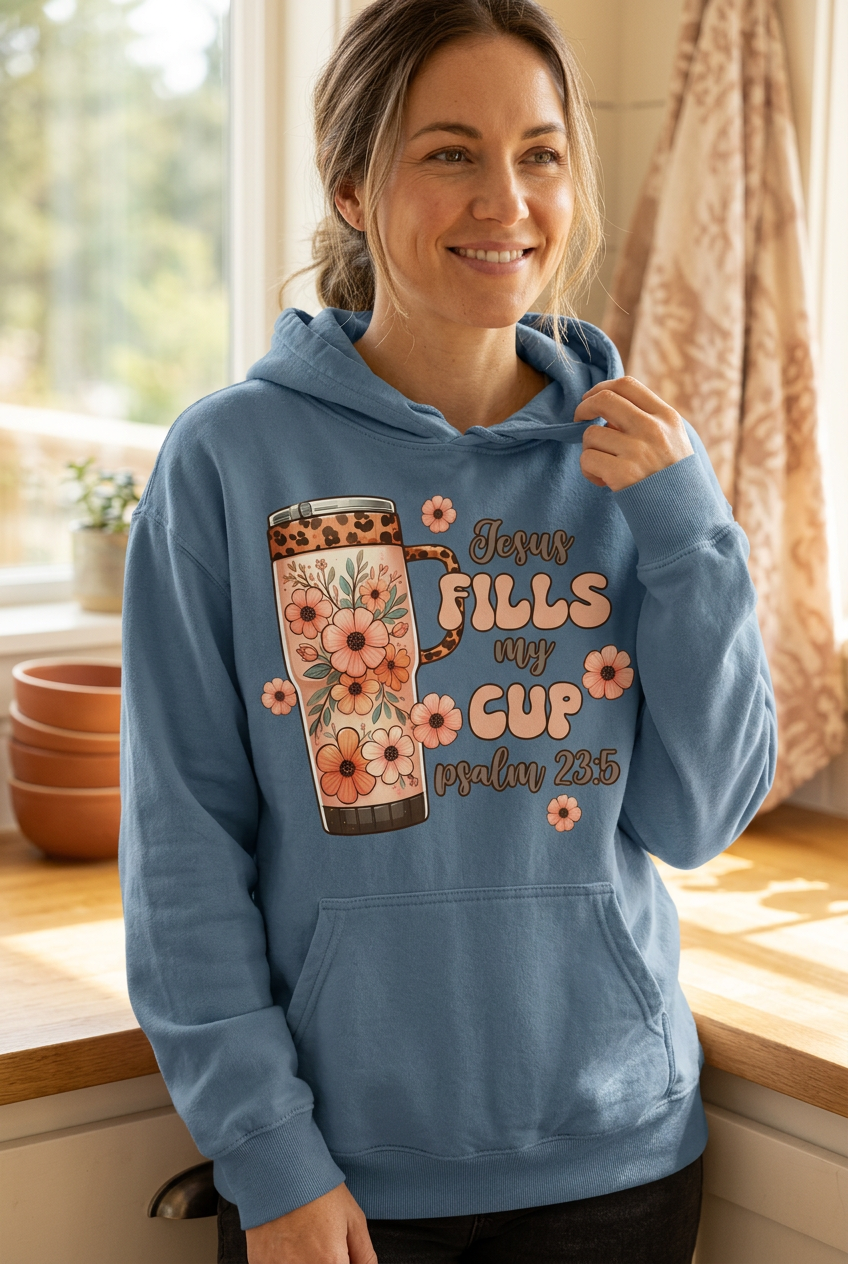 Jesus Fills My Cup dusty blue hoodie mockup