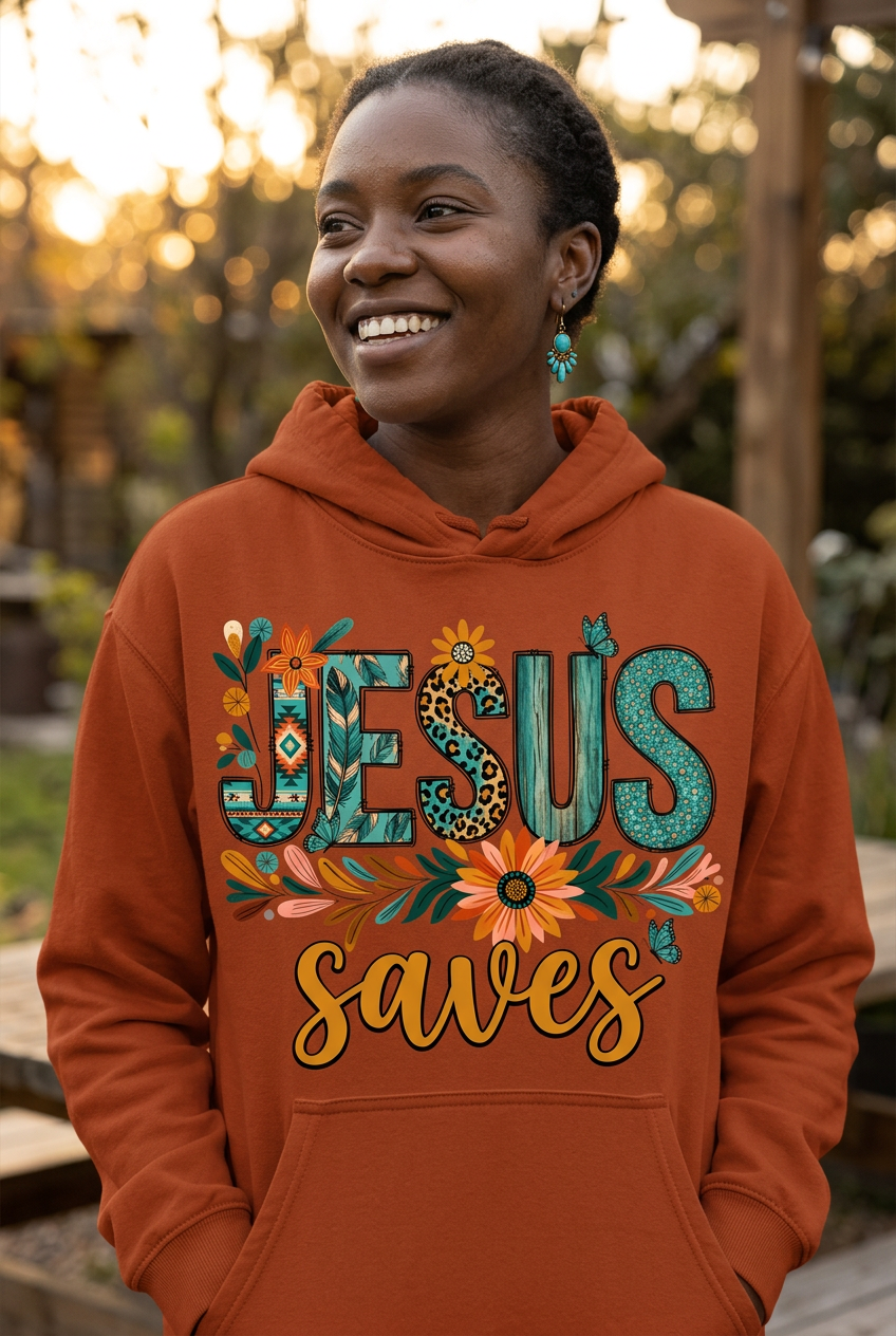 Jesus Saves rust hoodie mockup
