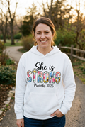 She is Strong Proverbs 31:25 white hoodie mockup