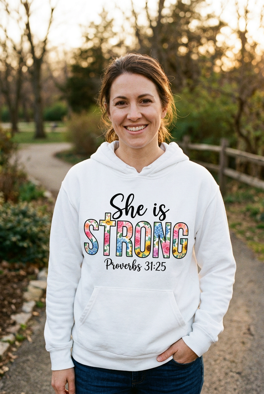 She is Strong Proverbs 31:25 white hoodie mockup