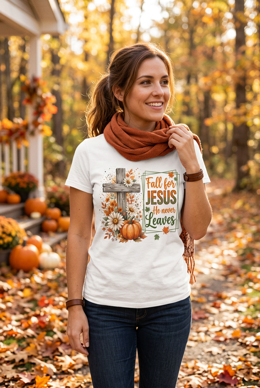 Woman wearing Fall for Jesus He Never Leaves Tee in autumn setting