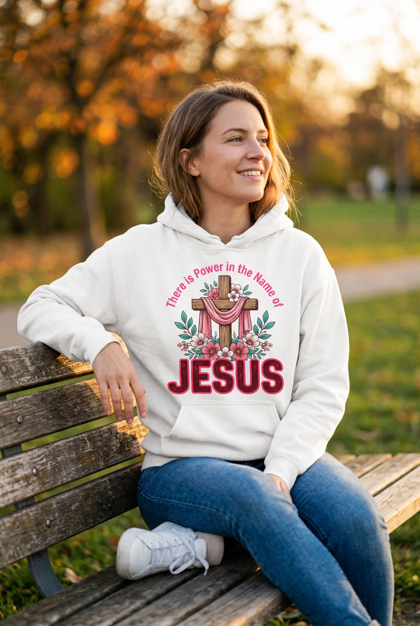 There is Power in the Name of Jesus white hoodie mockup