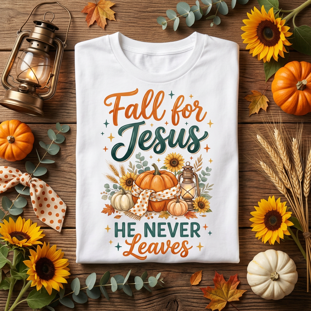 Fall for Jesus He Never Leaves Tee flat lay with vintage lantern and sunflowers