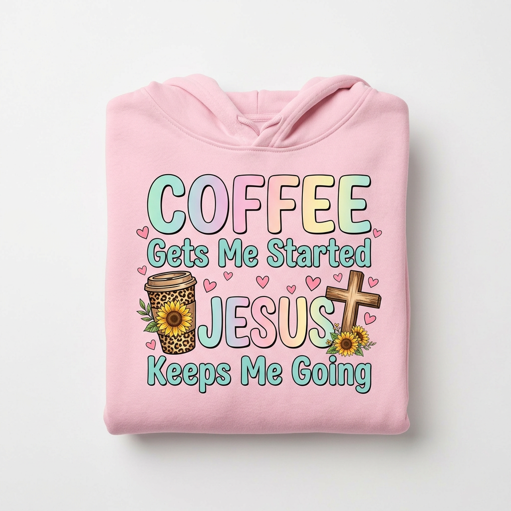 Coffee Gets Me Started Jesus Keeps Me Going baby pink hoodie flat lay