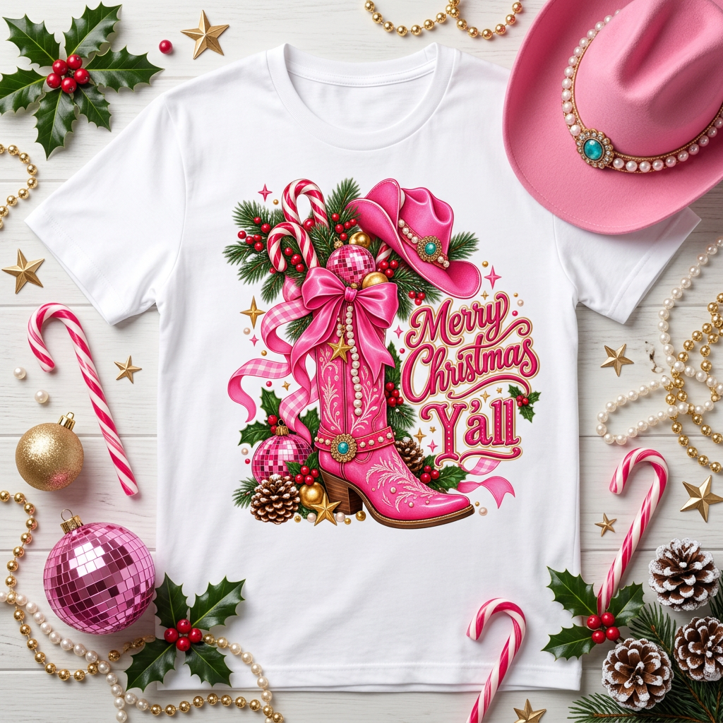 Merry Christmas Y'all - White tee flat lay