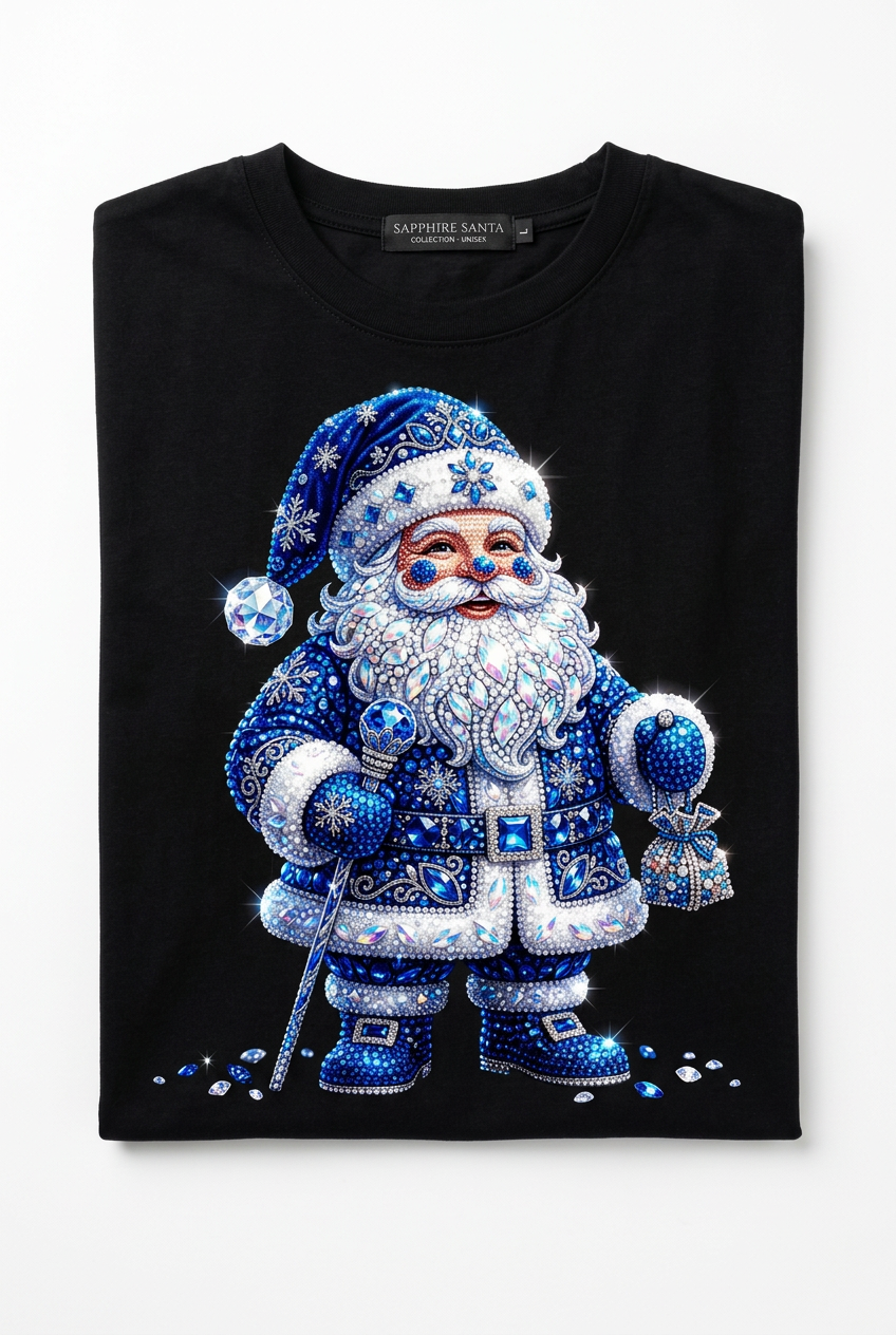 Diamond Santa Rhinestone Tee - flat lay on black shirt