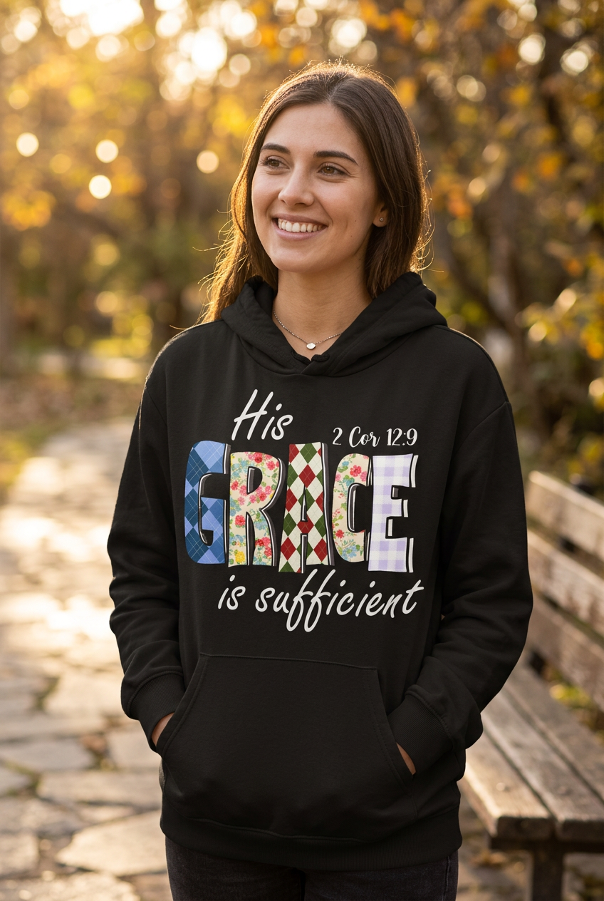 His Grace is Sufficient black hoodie mockup
