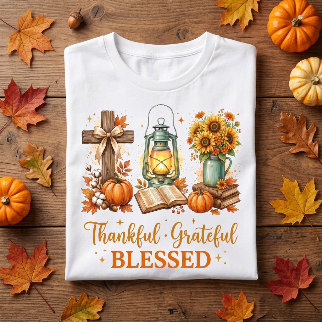 Thankful Grateful Blessed Tee folded flat lay on rustic wood surface with fall leaves