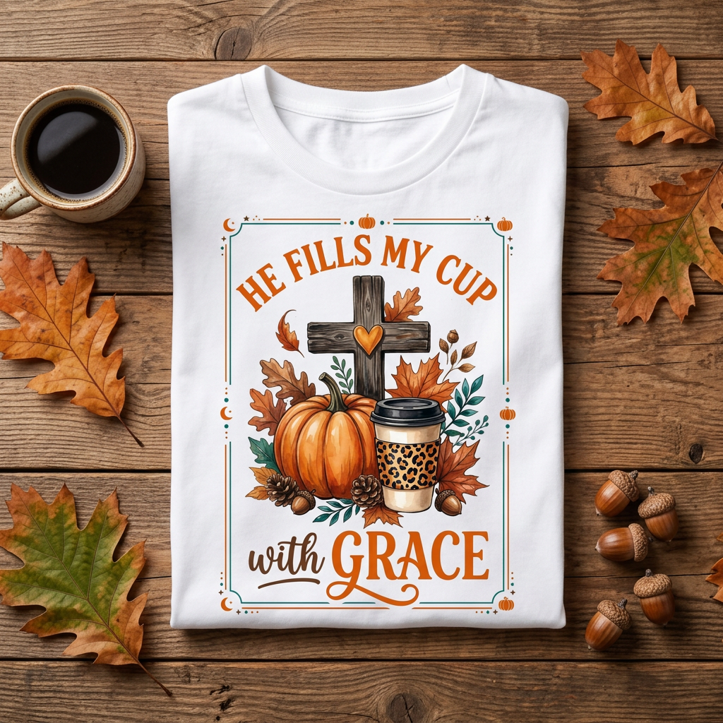 He Fills My Cup With Grace Tee folded flat lay on rustic wood with coffee cup and acorns