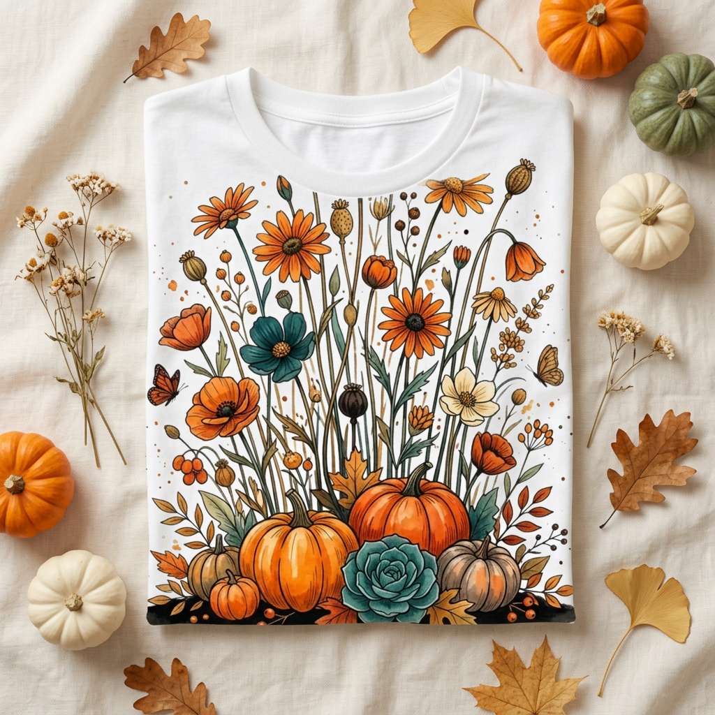 The Lord Is Greater Floral Tee flat lay with wildflowers and pumpkins