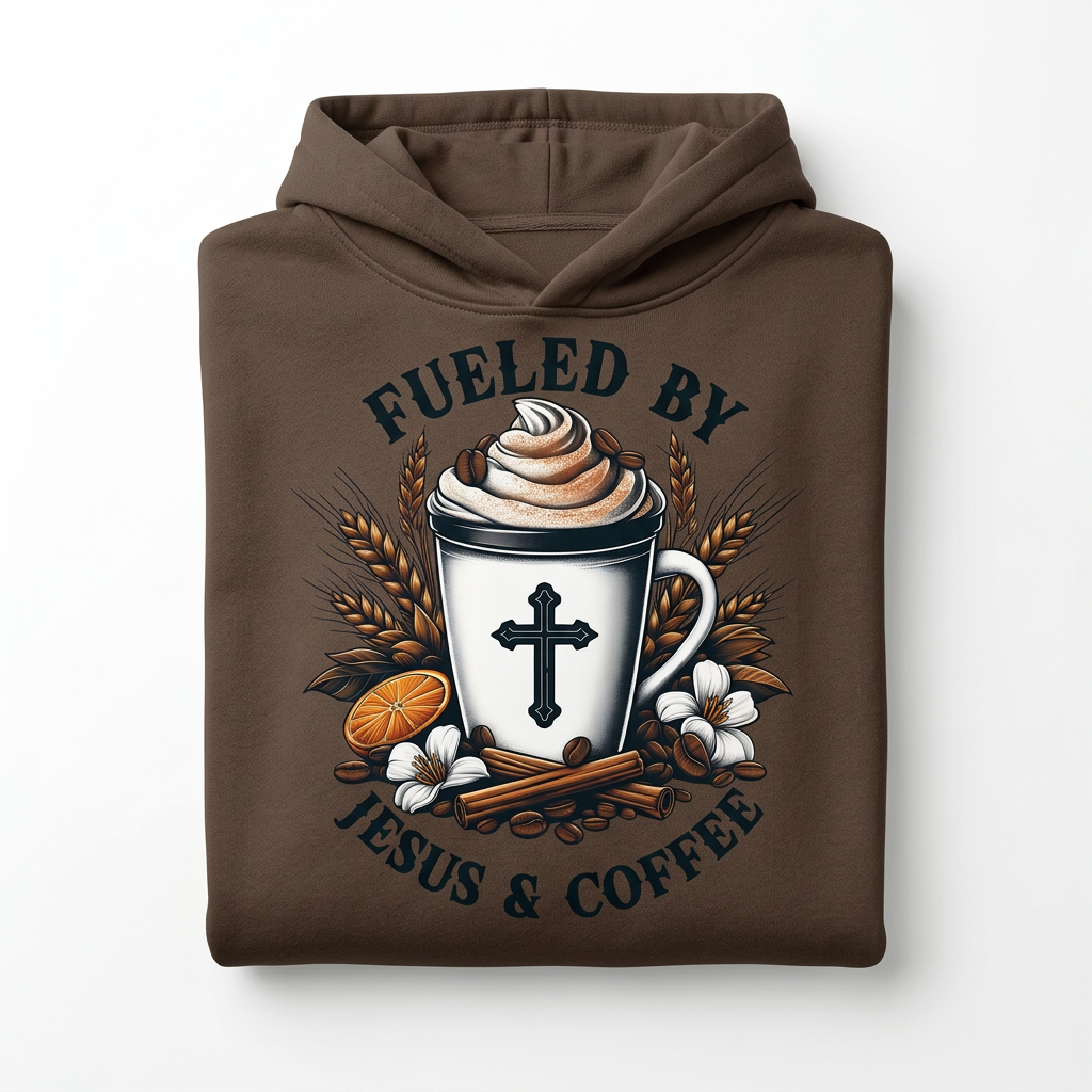 Fueled by Jesus and Coffee dark mocha hoodie flat lay