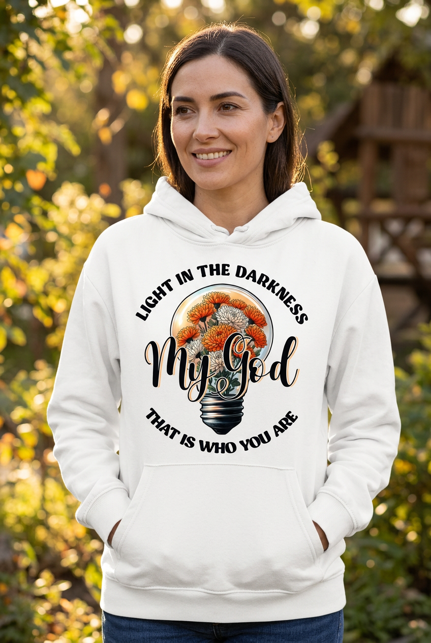 My God Light in the Darkness white hoodie mockup