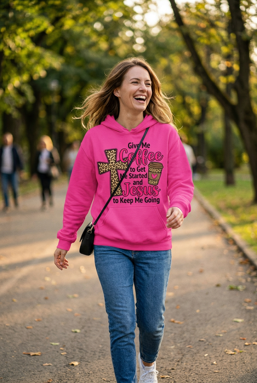 Give Me Coffee and Jesus hot pink hoodie mockup