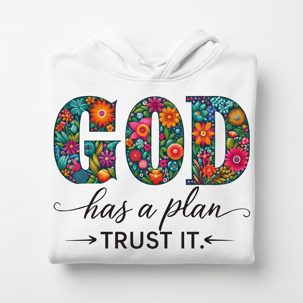 God Has a Plan Trust It white hoodie flat lay