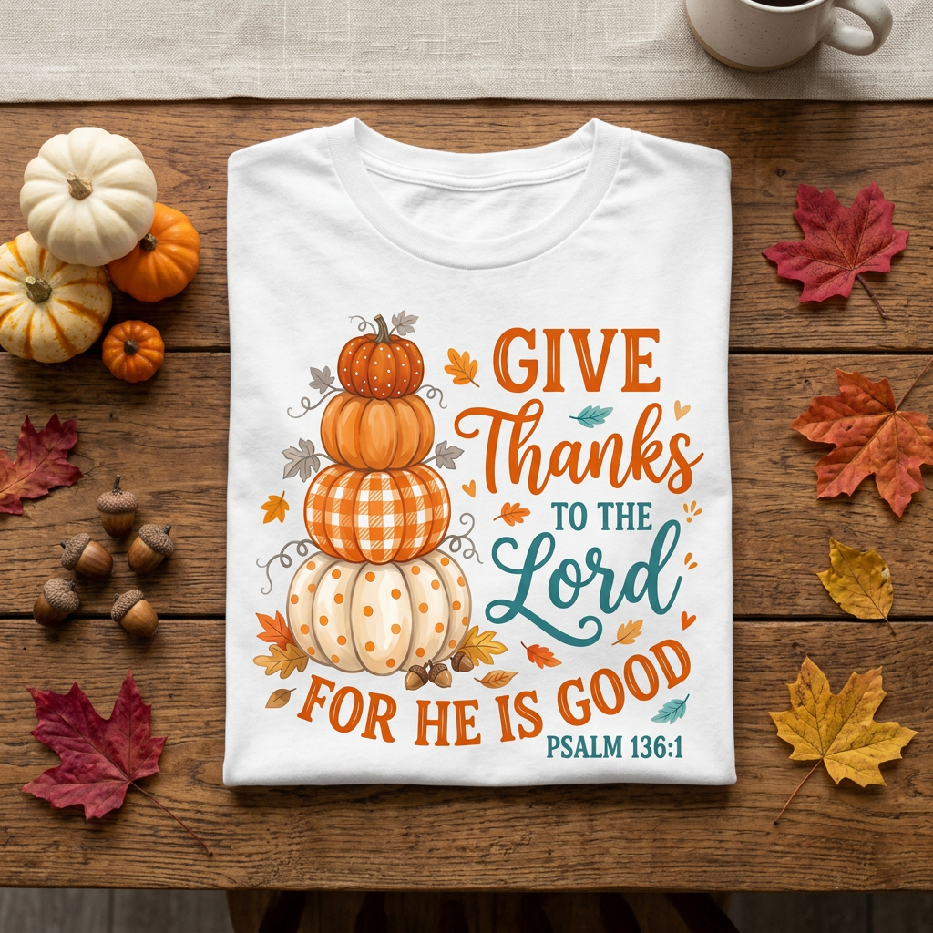 Give Thanks to the Lord Tee flat lay with stacked pumpkins and fall leaves