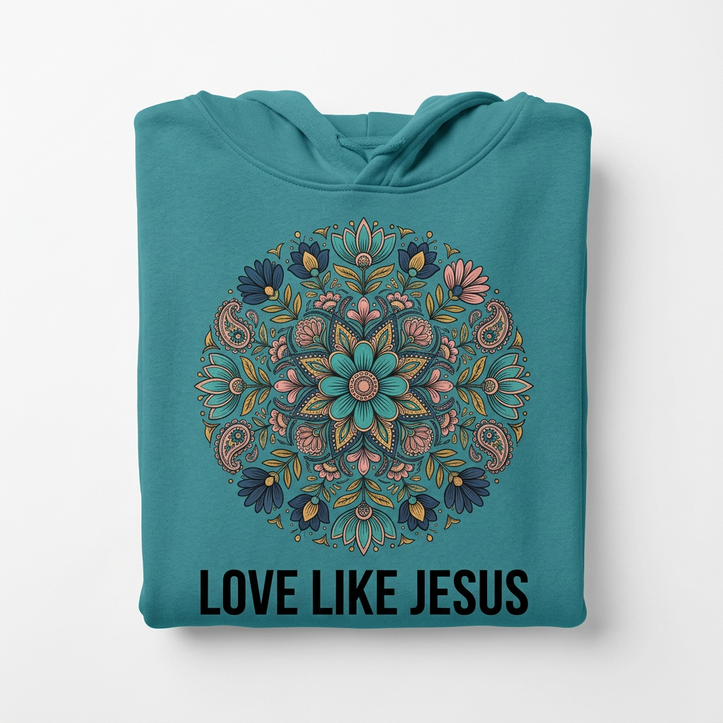 Love Like Jesus Floral teal hoodie flat lay