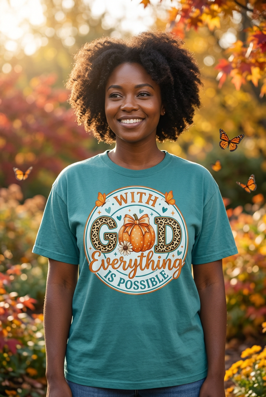 Black woman wearing With God Everything Is Possible Tee in teal
