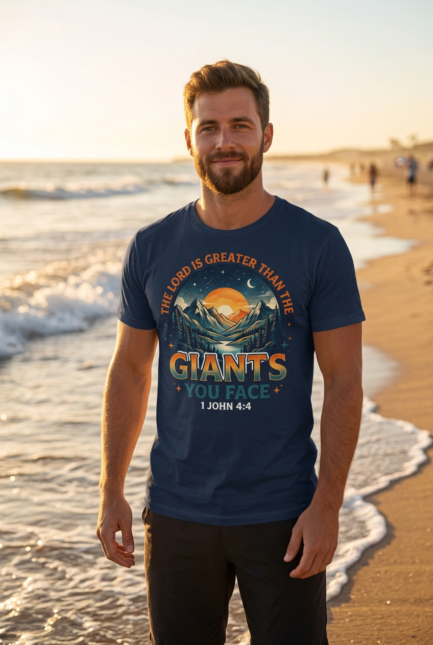 White man wearing The Lord Is Greater Than the Giants You Face Tee at ocean sunset