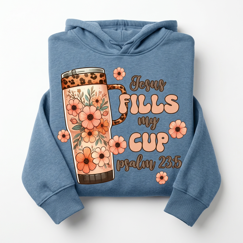 Jesus Fills My Cup dusty blue hoodie flat lay