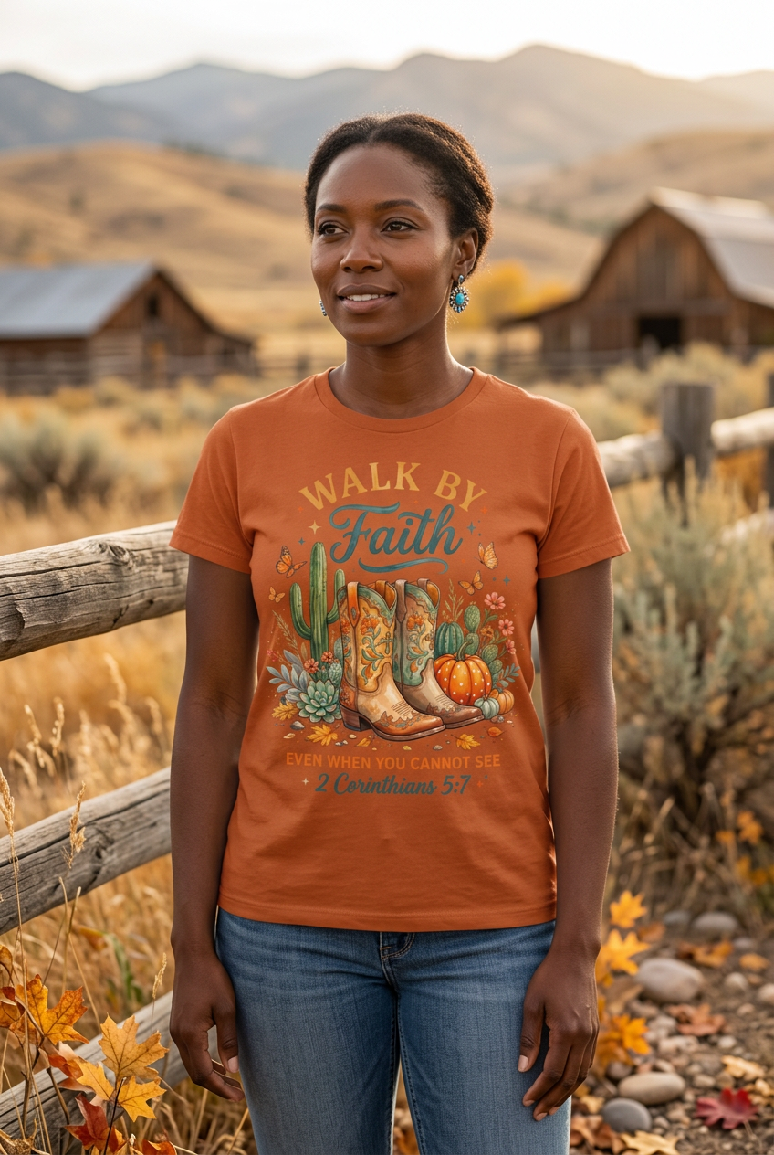 Black woman wearing Walk By Faith Tee in burnt orange on autumn western setting
