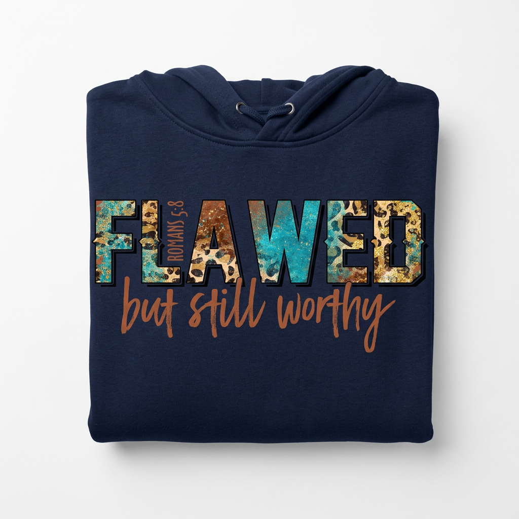 Flawed But Still Worthy navy blue hoodie flat lay