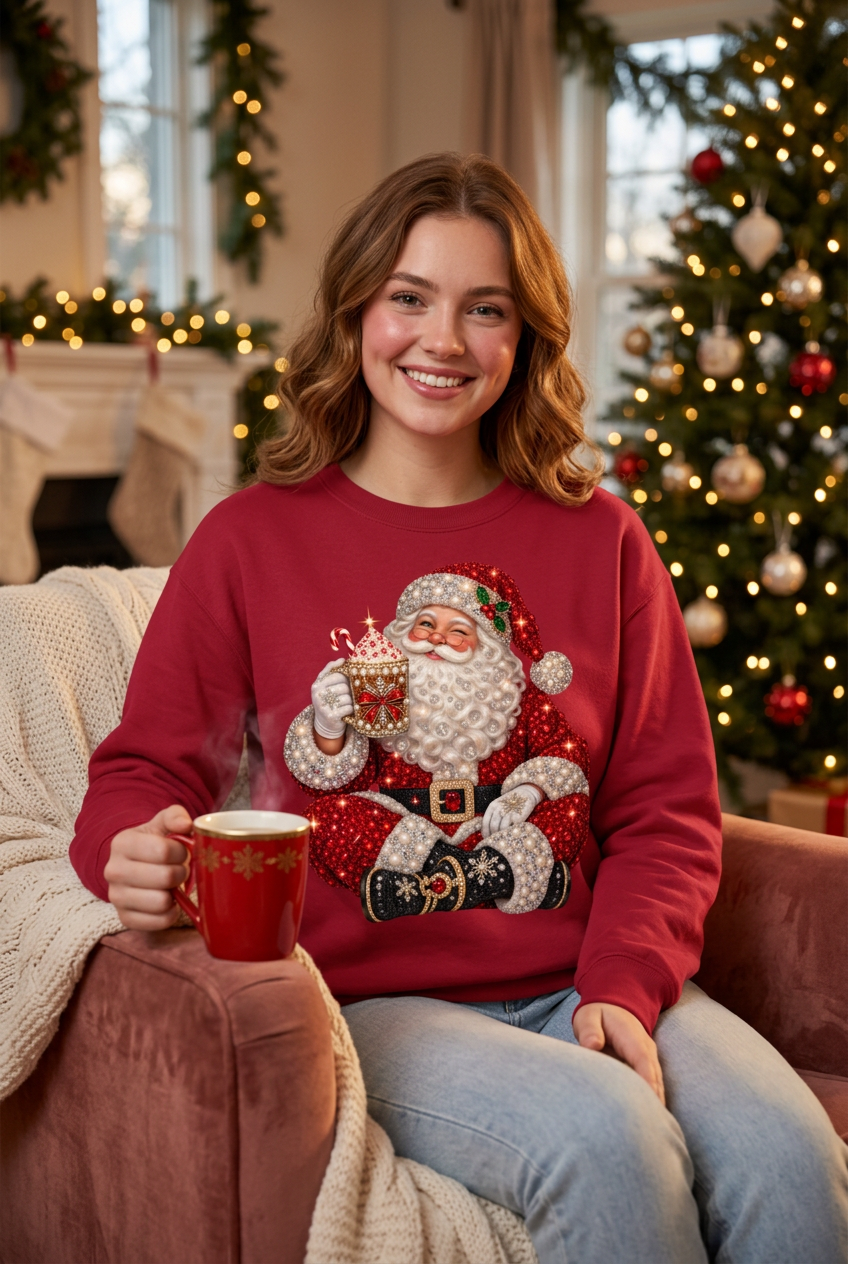 Bedazzled Santa - White female model red sweatshirt mockup