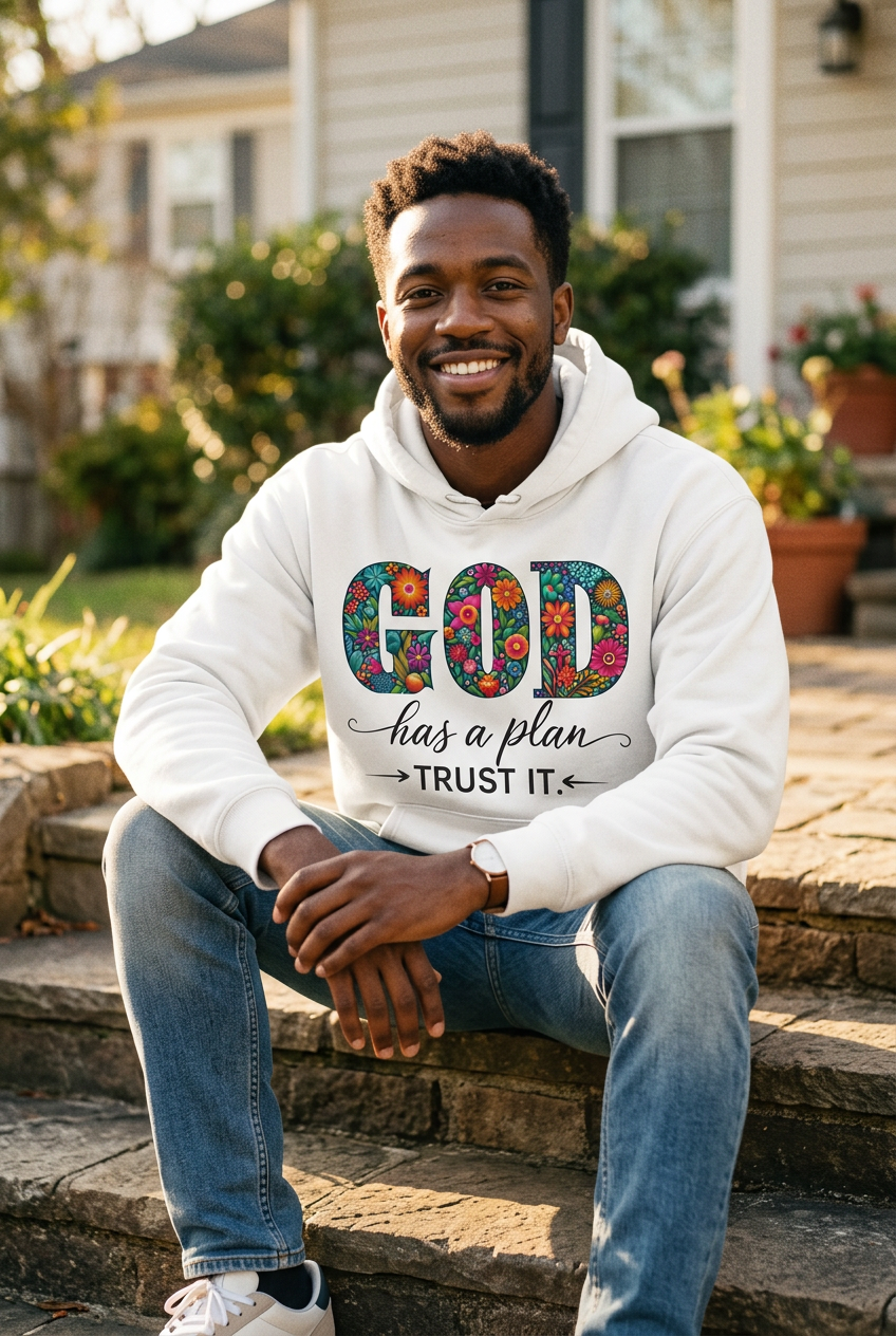 God Has a Plan Trust It white hoodie mockup