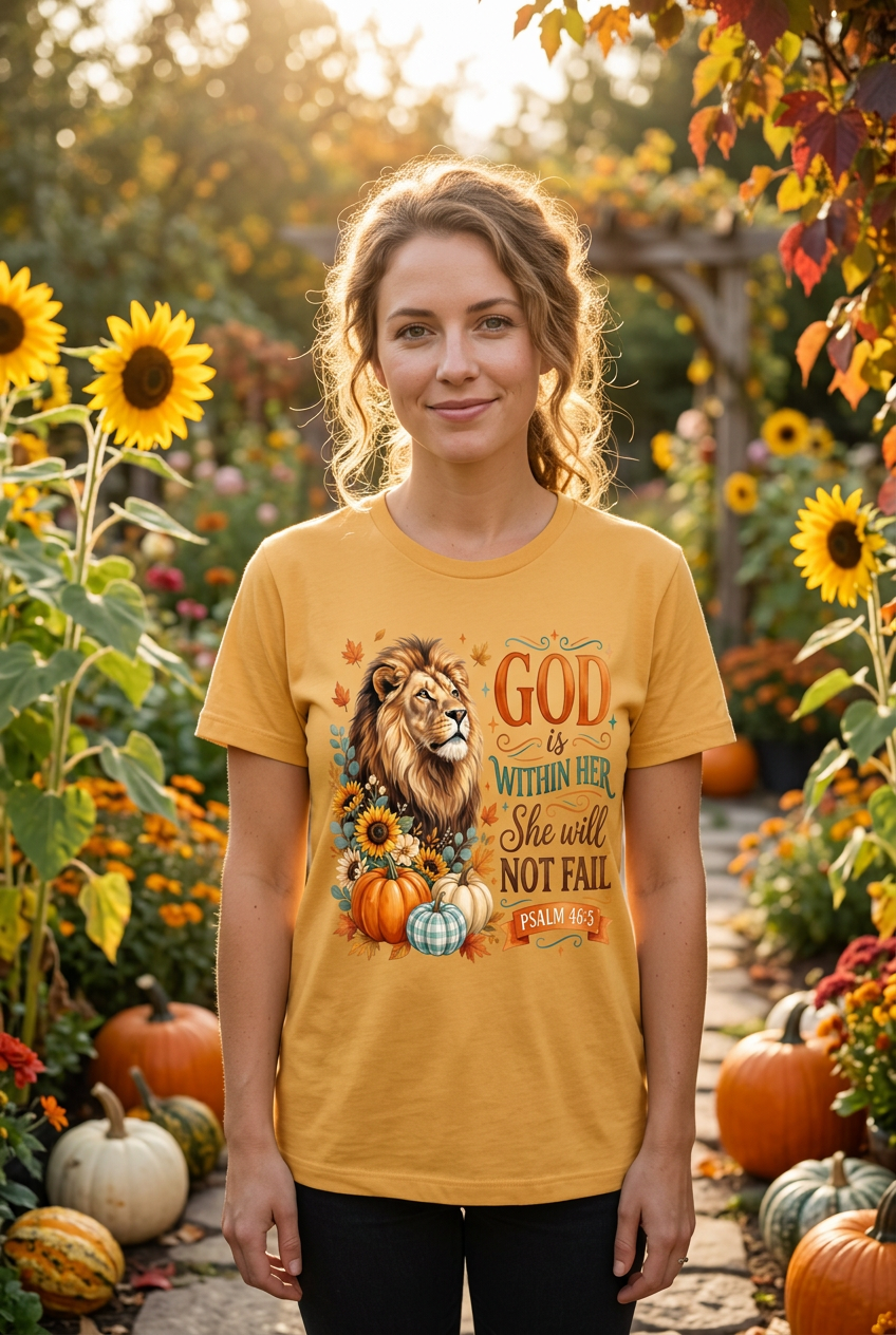 White woman wearing God Is Within Her She Will Not Fail Tee in golden yellow