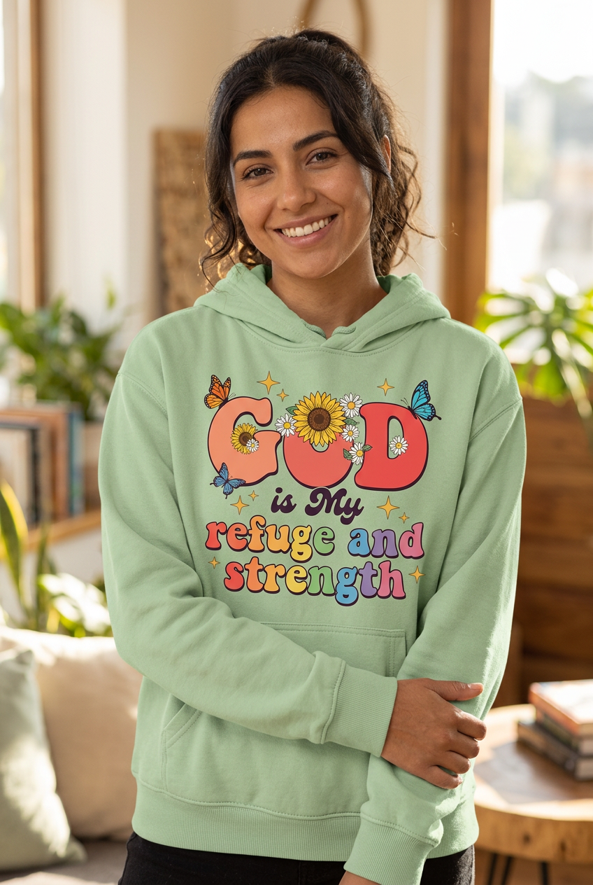 God is My Refuge and Strength light green hoodie mockup