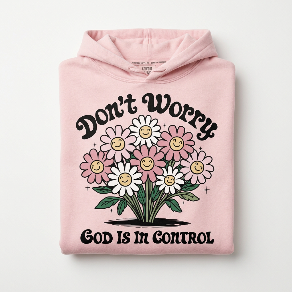 Don't Worry God is in Control light pink hoodie flat lay