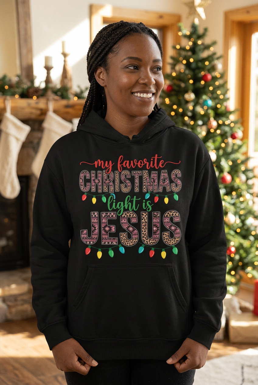 My Favorite Christmas Light is Jesus black hoodie mockup
