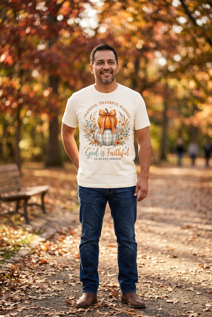 Hispanic man wearing Grateful Thankful Blessed God Is Faithful Tee in cream