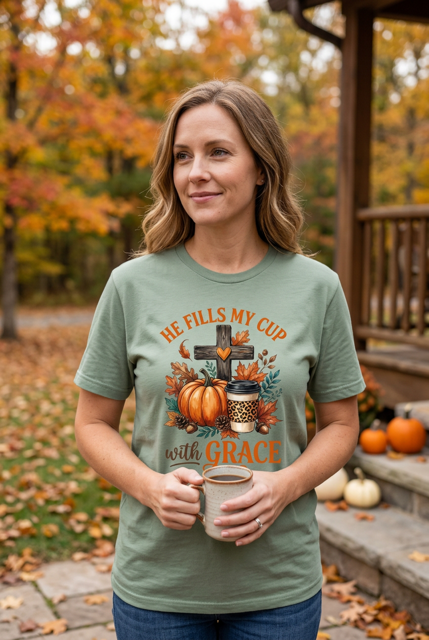 White woman wearing He Fills My Cup With Grace Tee in sage green