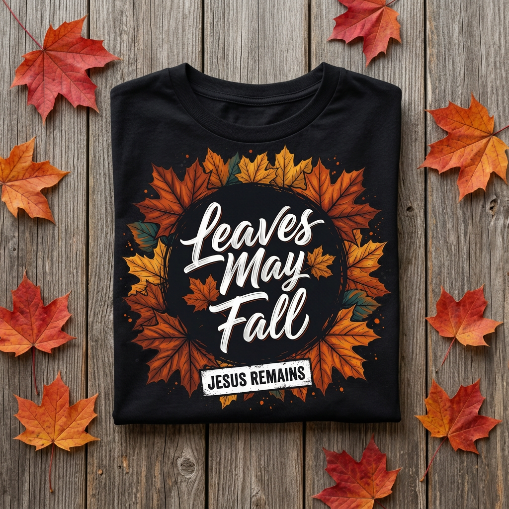 Leaves May Fall Jesus Remains Tee flat lay on rustic wood with maple leaves