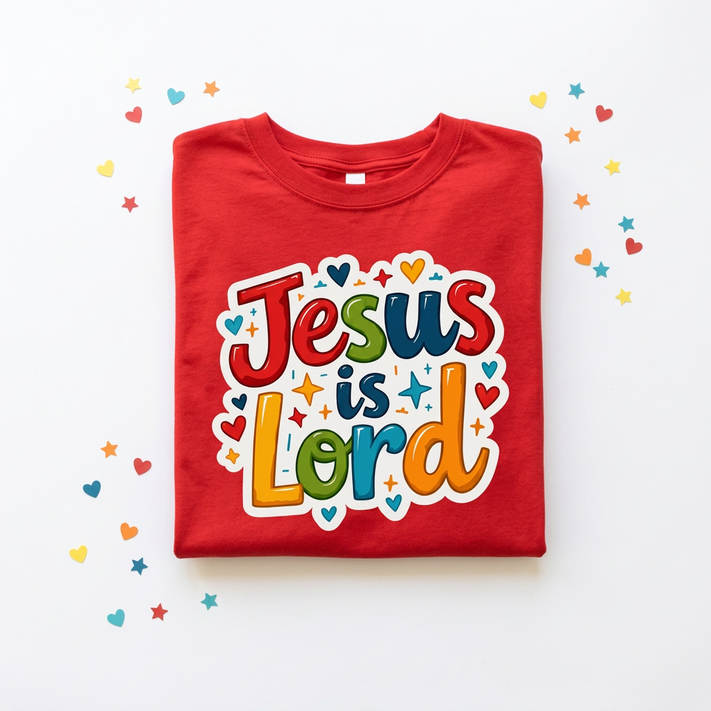 Jesus is Lord tee flat lay with colorful hearts and stars
