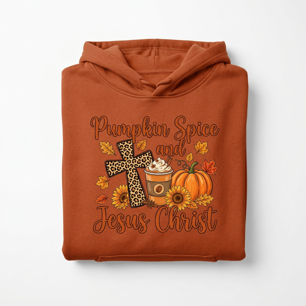 Pumpkin Spice and Jesus Christ burnt orange hoodie flat lay