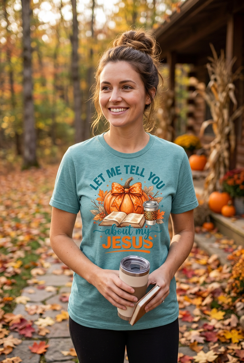 White woman wearing Let Me Tell You About My Jesus Tee in teal