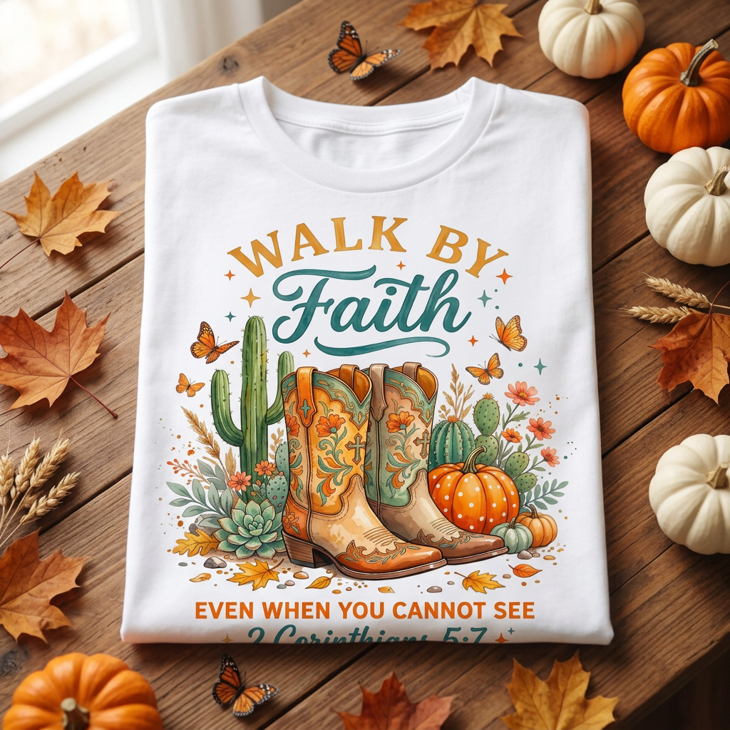 Walk By Faith Tee folded flat lay on rustic wood surface with fall leaves