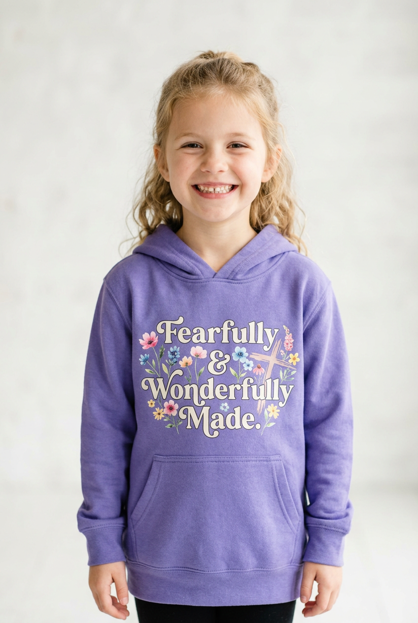 White girl in purple Fearfully & Wonderfully Made hoodie