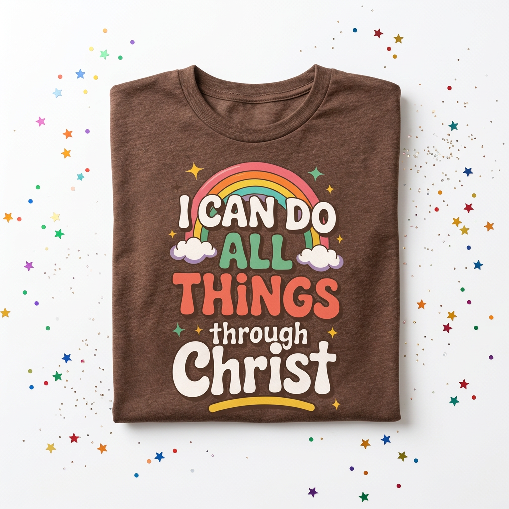 I Can Do All Things Through Christ tee flat lay on white surface