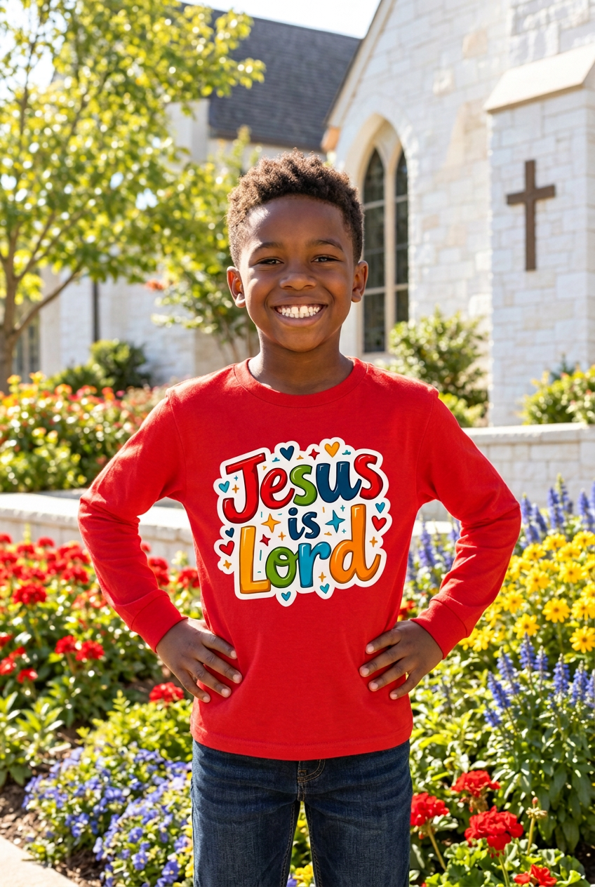 Child wearing Jesus is Lord rainbow long sleeve tee