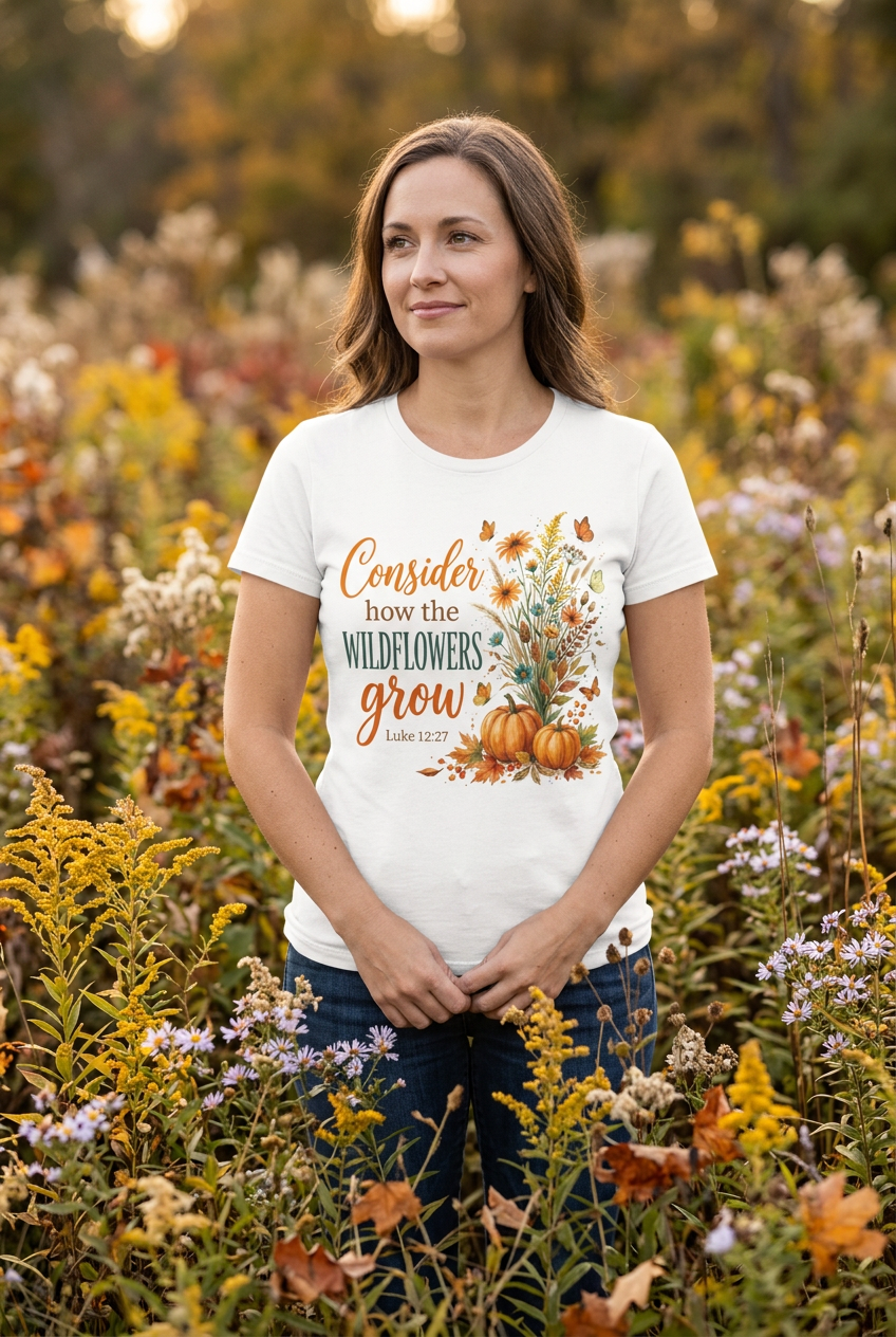 Woman wearing Consider How the Wildflowers Grow Tee in autumn wildflower meadow