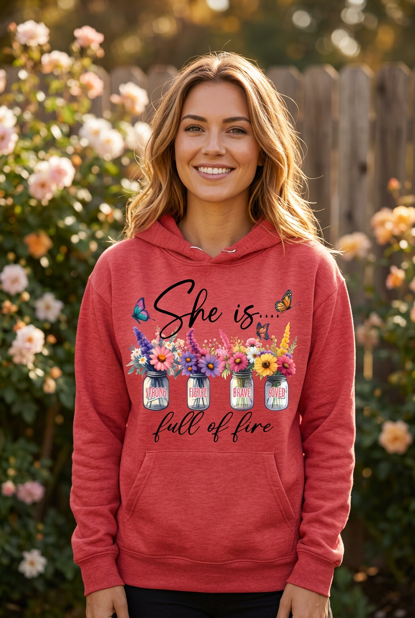 She is Full of Fire red hoodie mockup