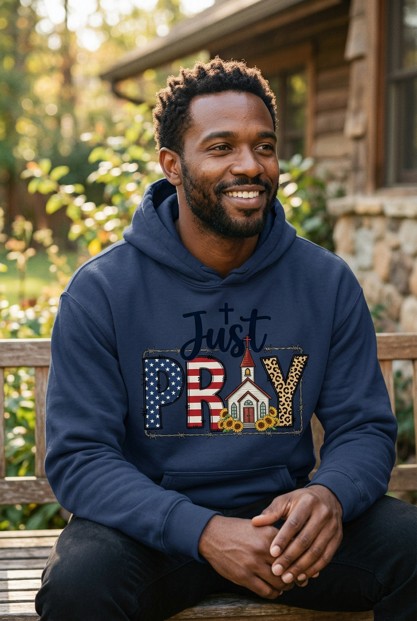 Just Pray Patriotic navy blue hoodie mockup
